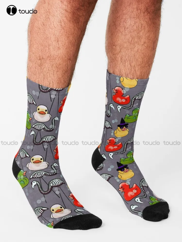 Spooky Halloween Rubber Ducks And Pink Flamingo Skeletons Gray Socks Boys Football Socks Comfortable Best Girls Sports Colorful