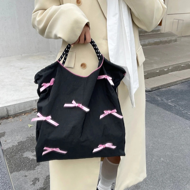 

Black Pink Bow Knot Handbag Y2k Sweet Shopping Large Capacity Tote Korean Ballet Style Shoulder Bag Women Valentine's Day Gift