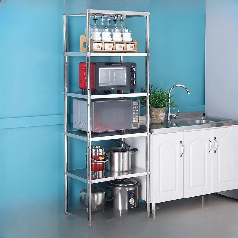 Stainless steel kitchen storage rack, floor to ceiling household shelf, multi-layer microwave storage rack