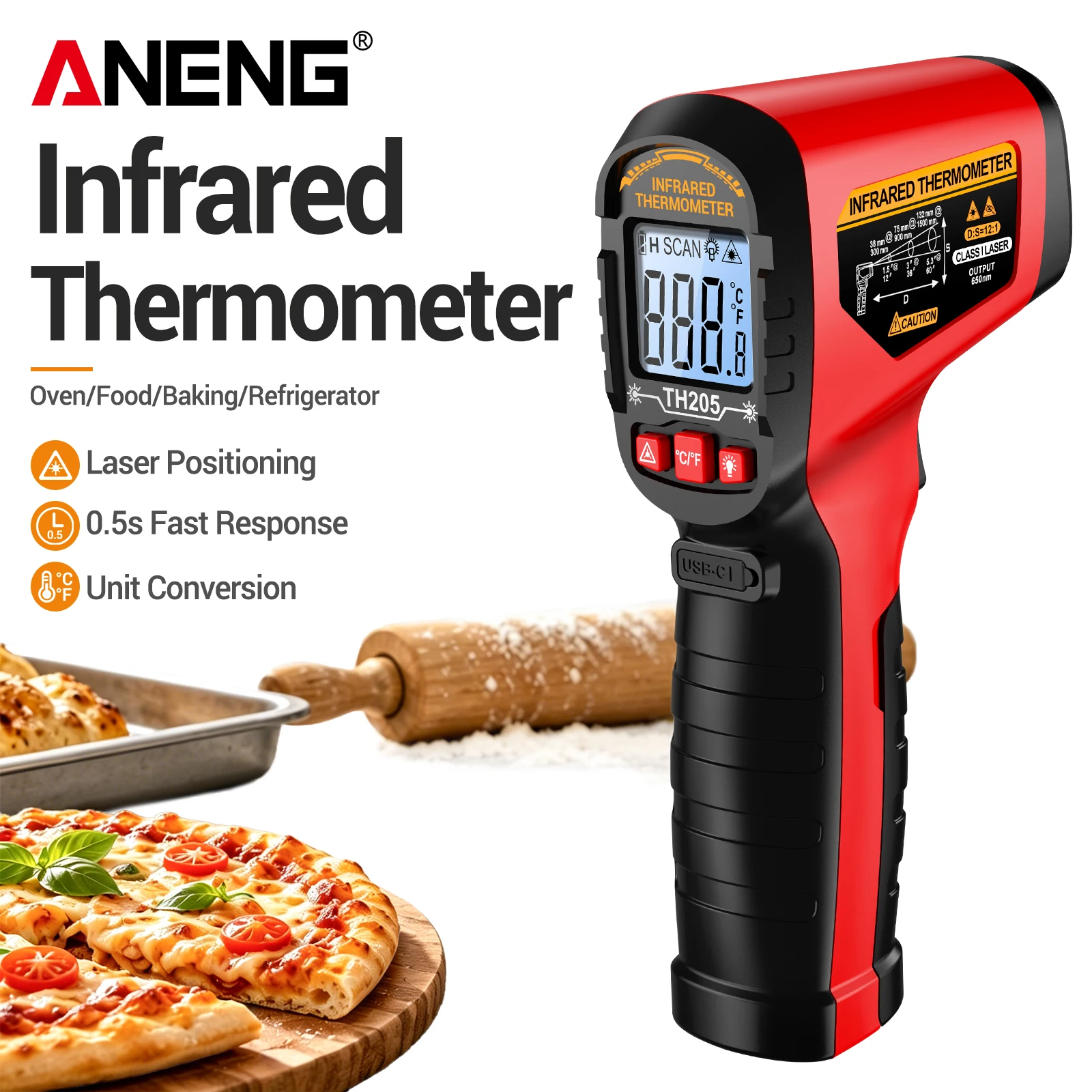 Digital Infrared Thermometer -50~400℃ Non-contact Temperature Gun ℃/℉ Switch Backlit RechIndustrial IR Pyrometer ANENG TH205