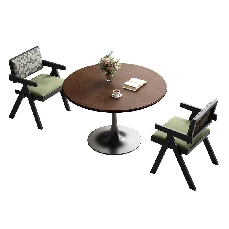 

Retro walnut solid wood small round table, small apartment family balcony round dining table