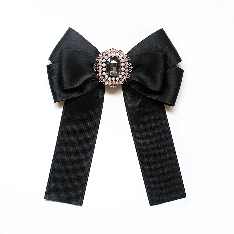 Retro British Court Style Bow Tie Brooch Women's Girls Fashion Korean White Shirt Collar Flower Rhinestones Pearl Bowtie Pins