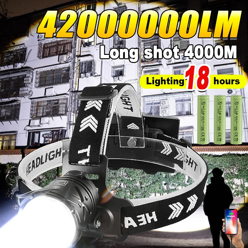 

2025 42000000LM Сверхмощный налобный фонарь 800 Вт, супер яркий налобный фонарь, USB перезаряжаемый профессиональный светодиодный налобный фонарик для рыбалки
