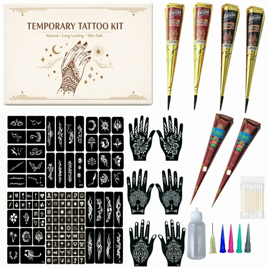 Temporary Stencils Tattoos Kit, 4/6Pcs Tattoo Cones 3 Color with Gloves Brush Tool,DIY Body Art Skin Painting Designs for Women