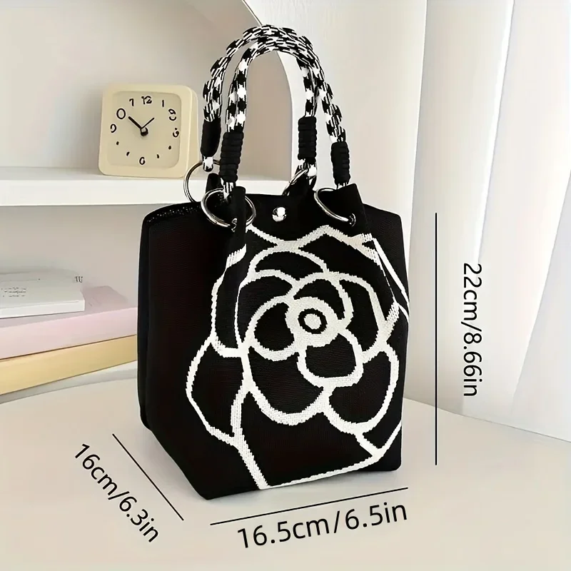 Black and White Flower Pattern Knitted Handbag, Women's Elegant Large Capacity Handbag, Versatile and Portable for Commuting image 5