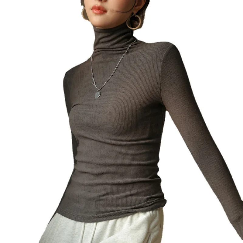 تي شيرت حريمي بأكمام طويلة قمصان عالية القوة بقصة ضيقة قمصان كورية غير رسمية بياقة مدورة دافئة للخريف والشتاء قطع علوية أساسية داخلية #4