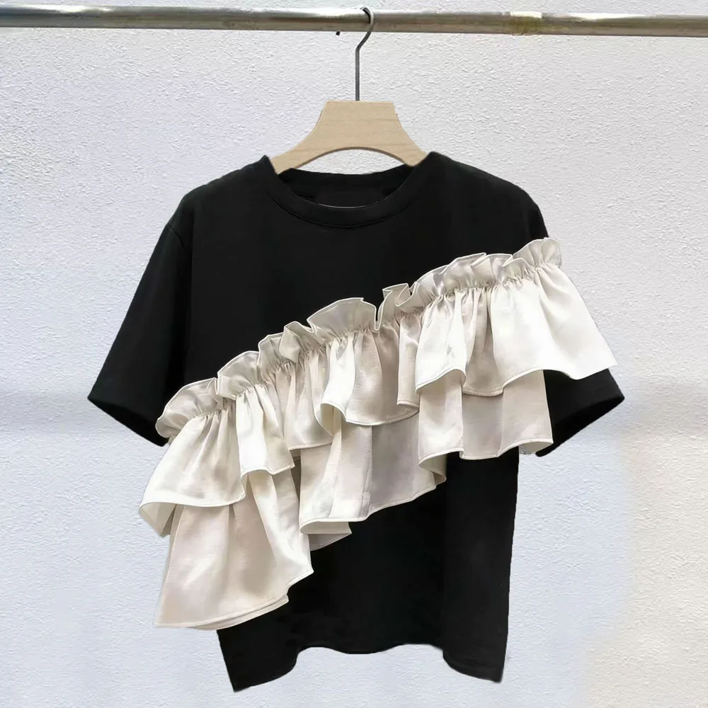 Elegant Slimming Short Sleeve T-Shirt Cotton Blend Casual Style Ruffle Detail Versatile Summer Fashion Women's Top