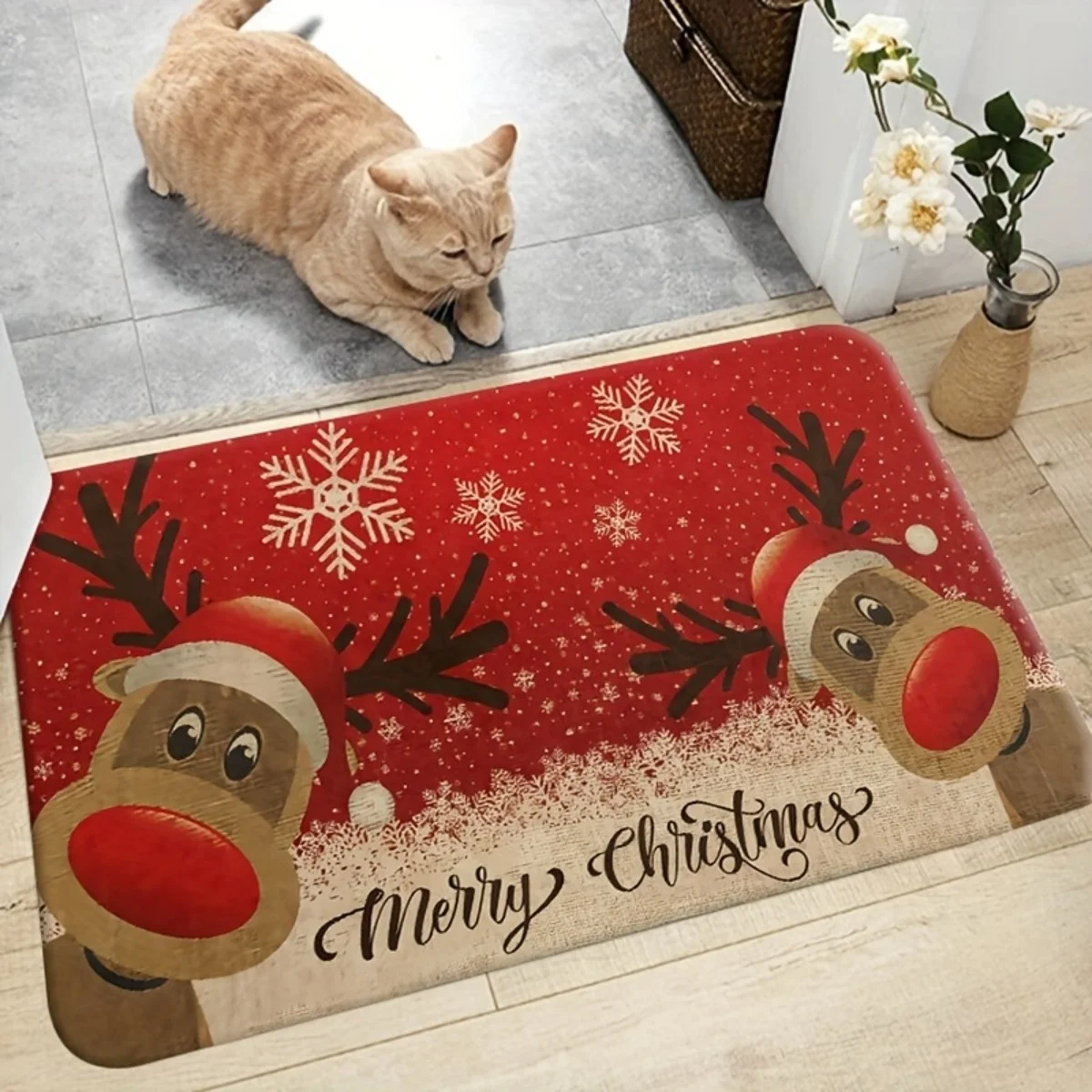 Merry Christmas Doormat Red Bow Golden Bell Pine Branch Glitter Bokeh Background Holiday Front Door Home
