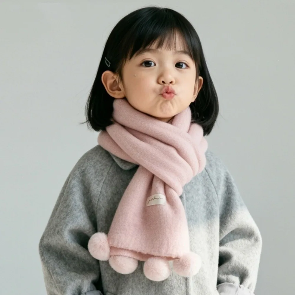 Gifts Knitted Pom Pom Scarf Solid Pom Pom Detail Children Knitted Scarf Warm Winter Scarf Boys and Girls
