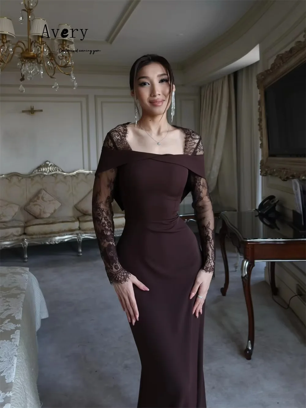 Avery vestido de fiesta bordado con cuello cuadrado y cola de pez de encaje personalizado, vestidos elegantes y formales para mujer, vestido de fiesta de lujo, noche 2025