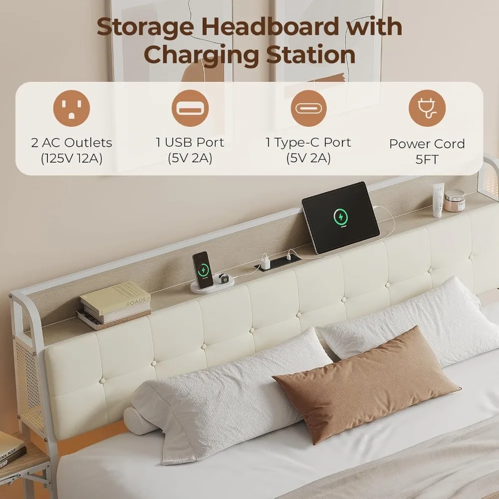 إطار سرير مزدوج مع لوح أمامي للتخزين وأضواء LED، وسرير بمنصة معدنية مع أرفف قابلة للطي ومحطة شحن، بدون زنبرك صندوقي #4