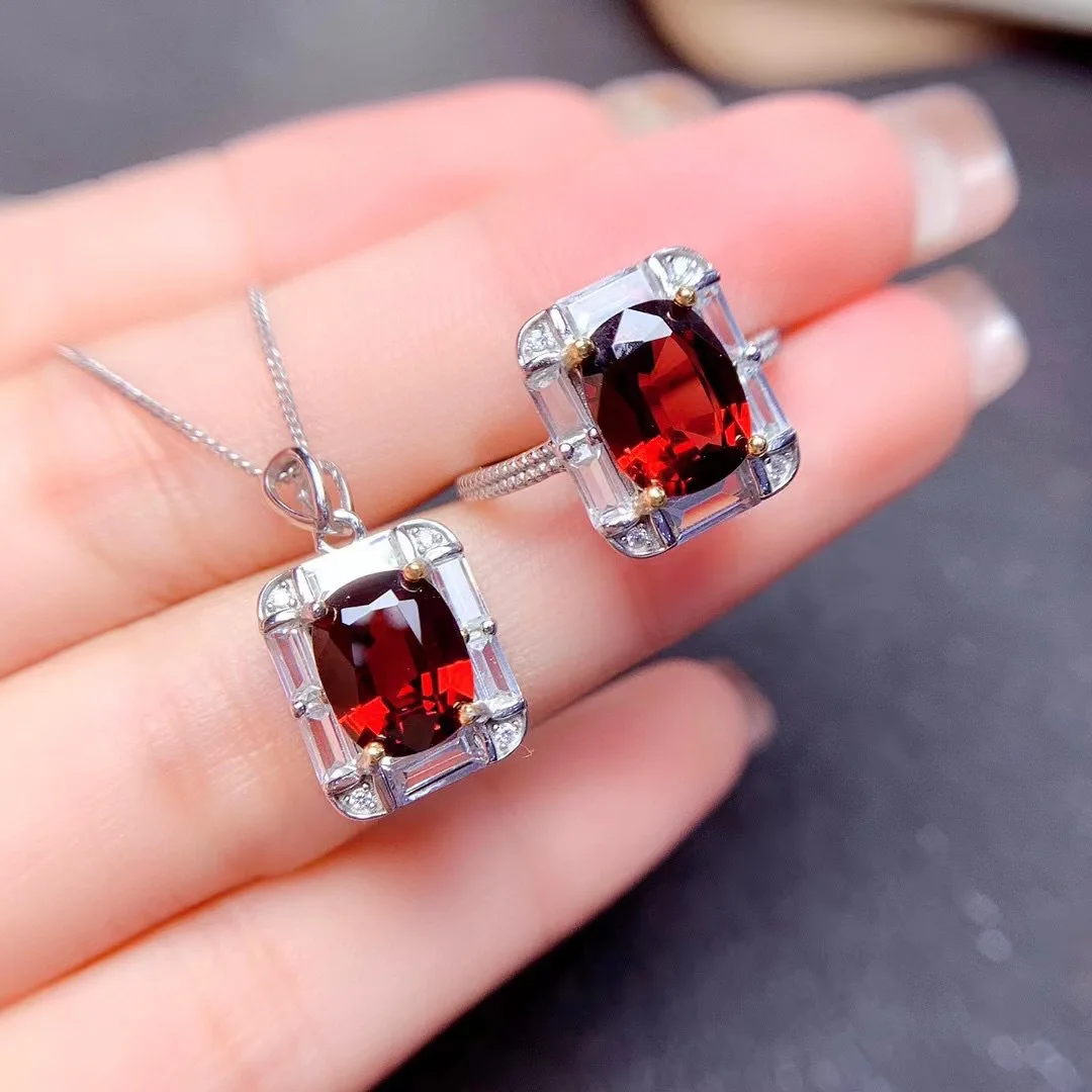 Natural Garnet Silver Set 7mm*9mm Garnet Ring and Ring for Daily Wear  VVS Grade Solid 925 Silver Garnet Woman Jewelry Set