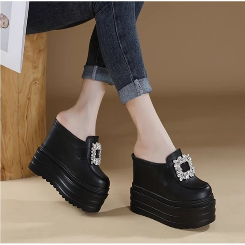 13Cm Super High Heels Peep Toe Women Slippers Brand Design Embroidery Wedge Platform Sexy Slides Models Nightclub Show Sandals