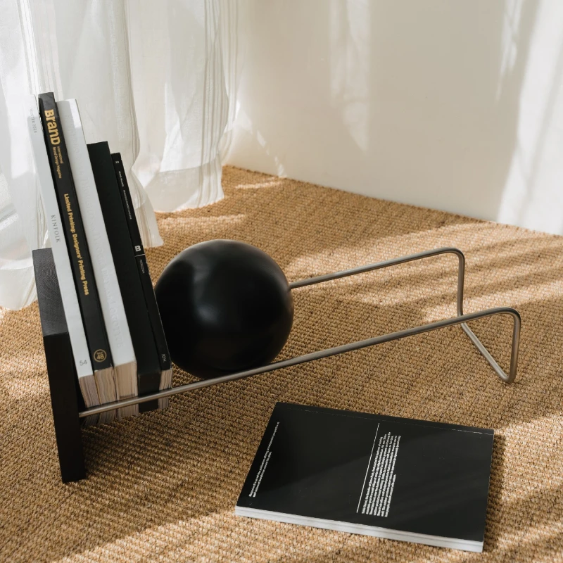 Bauhaus Style Magazine Rack with Wooden Ball Modern Vinyl Record Shelf Stainless Steel Round Ball Bookends for Storage & Display