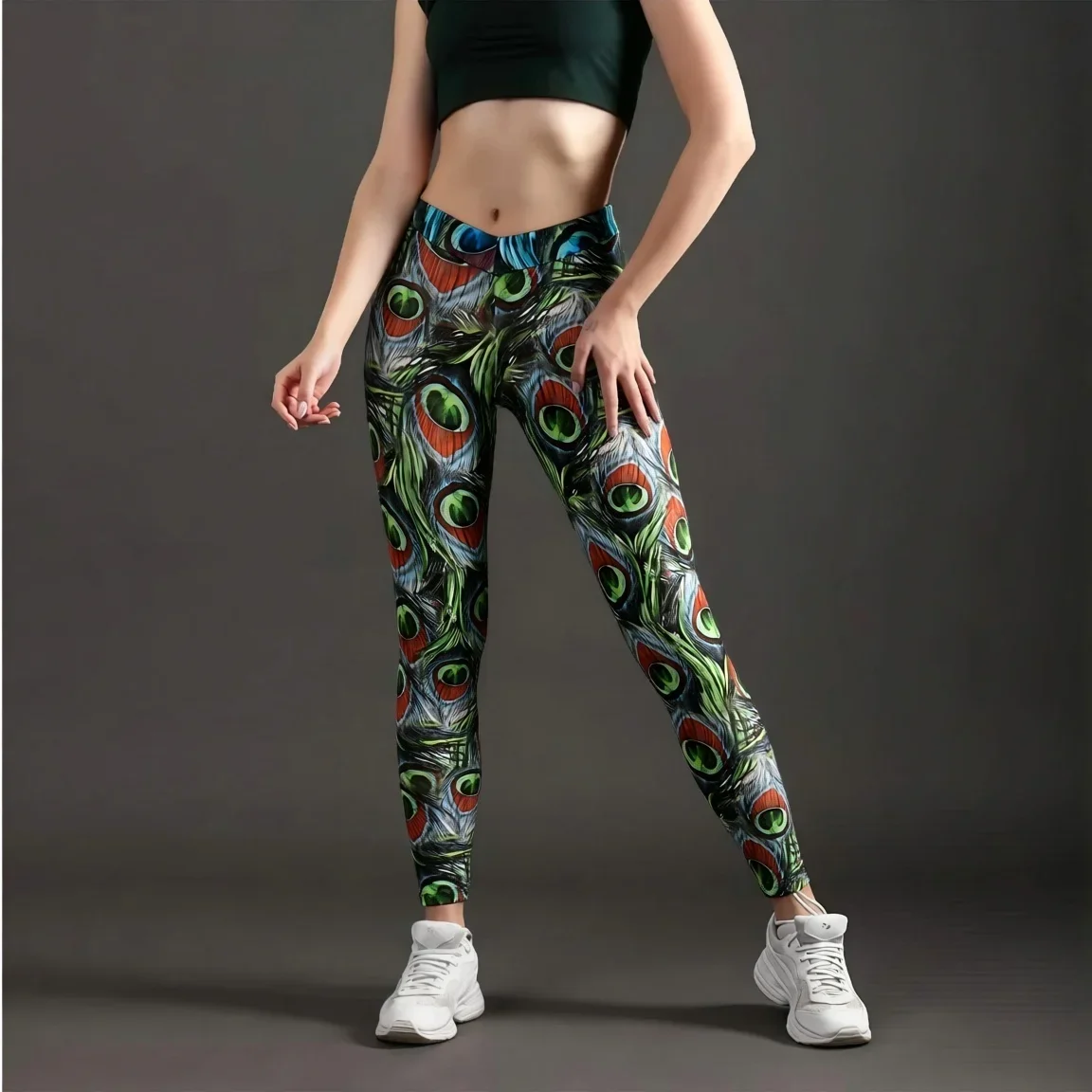 Womens Peacock Feather Print Leggings High Waist Stretchy Workout Yoga Pants