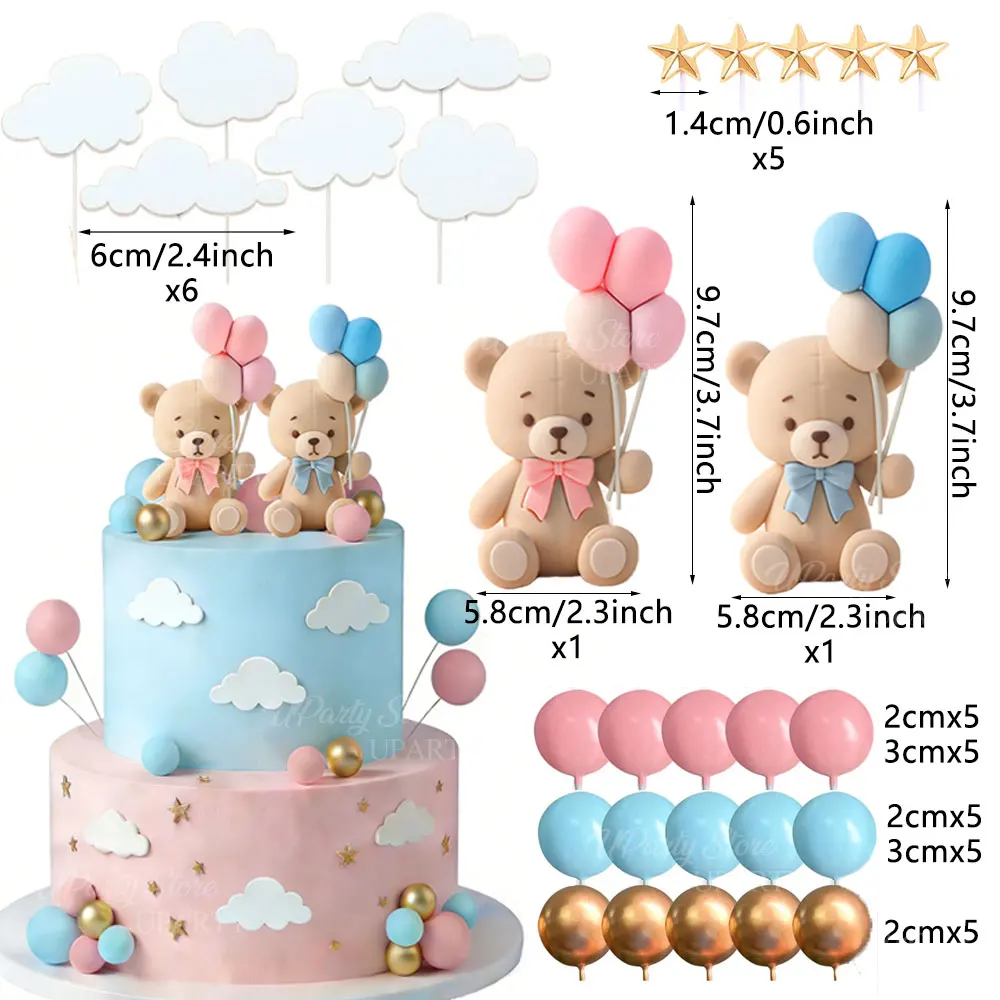38pcs Gender Reveal Cake Toppers White Cloud Pink Blue Air Balloons Bear Cake Topper for Baby Shower Birthday Cake Decor Favor