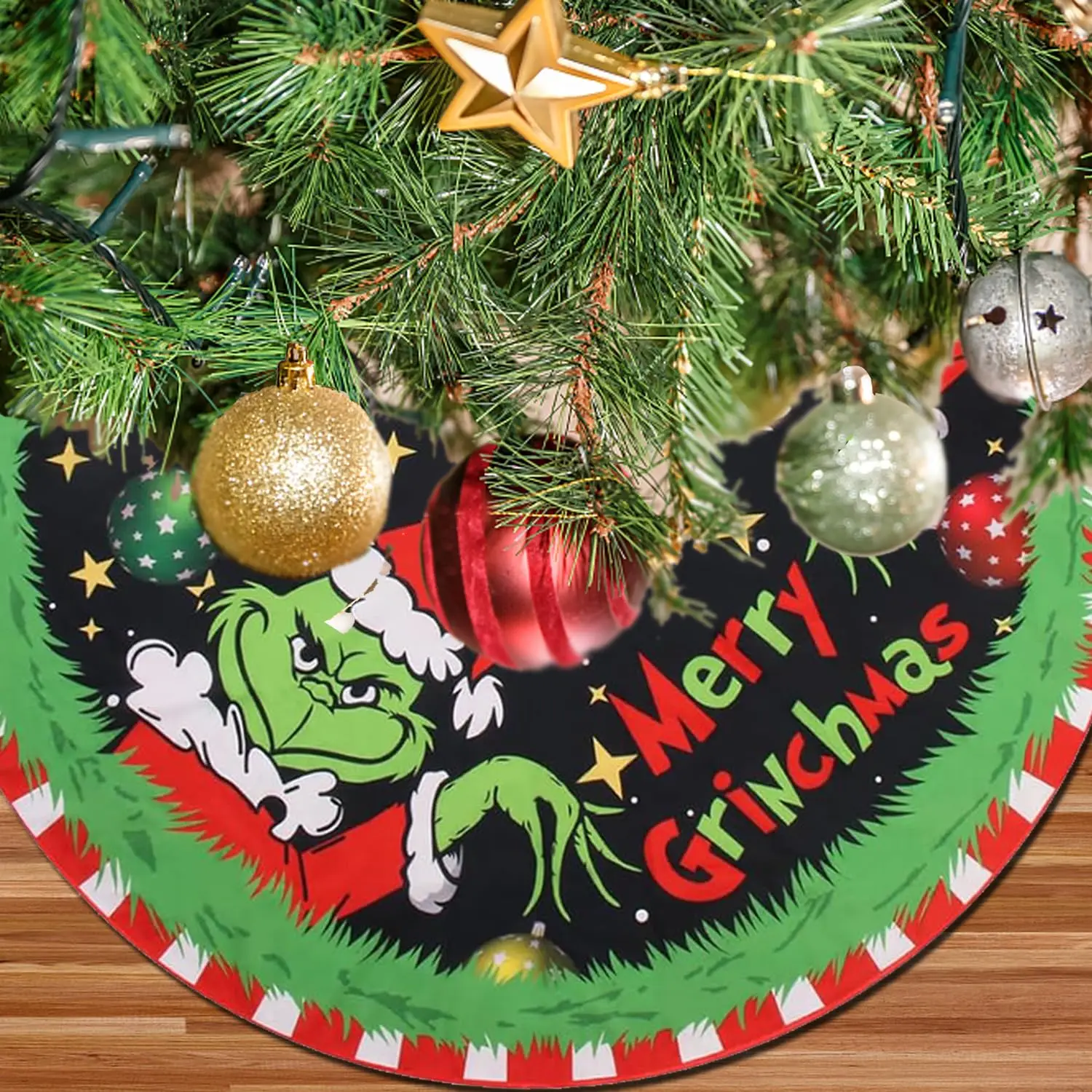 

Christmas Tree Skirt - Soft and Funny Farmhouse Christmas Tree Collar with Red & Green Tree Mat Merry Christmas Party Home Decor