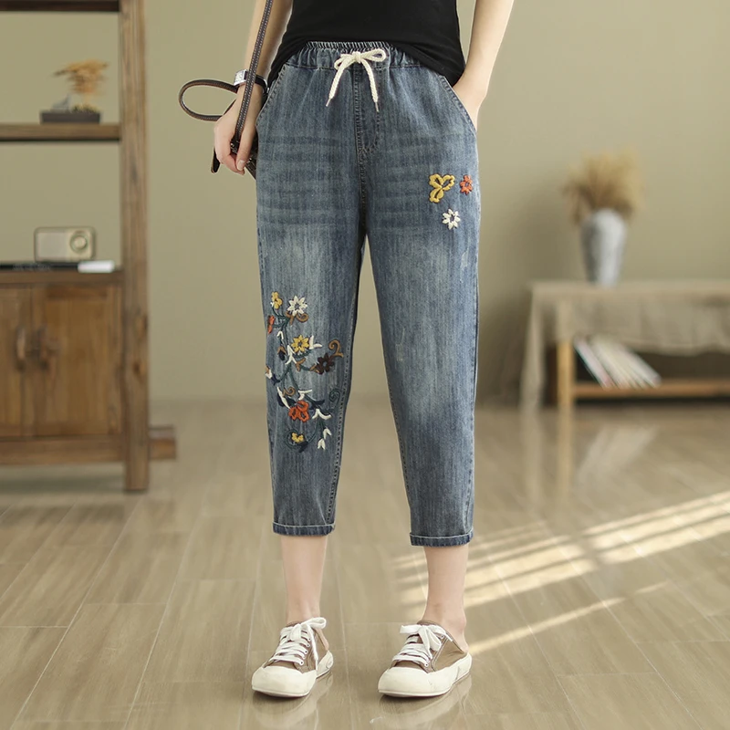 

Summer Autumn Women Casual Sweet Floral Embroidery Elasticated Waist Pants Blue Color Lace-up Jeans Female Cotton Pants U359