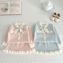 MILANCEL Spring Autumn Children's Clothing Set 1-5Y Girls Plaid Knitted Sweater and Skirt 2Pcs Trendy Girls Bow Cardigan Outfit