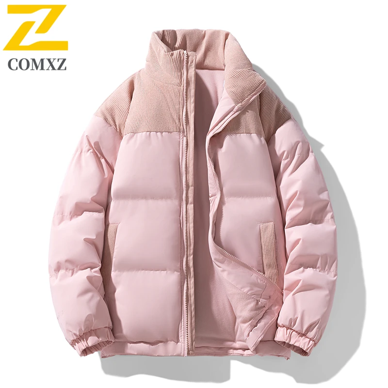 Jaket Katun Pasangan Tren Mantel Katun Kerah Berdiri Hangat Tebal Tahan Dingin Pakaian Musim Dingin Kasual Luar Ruangan Mantel Ritsleting Bawah