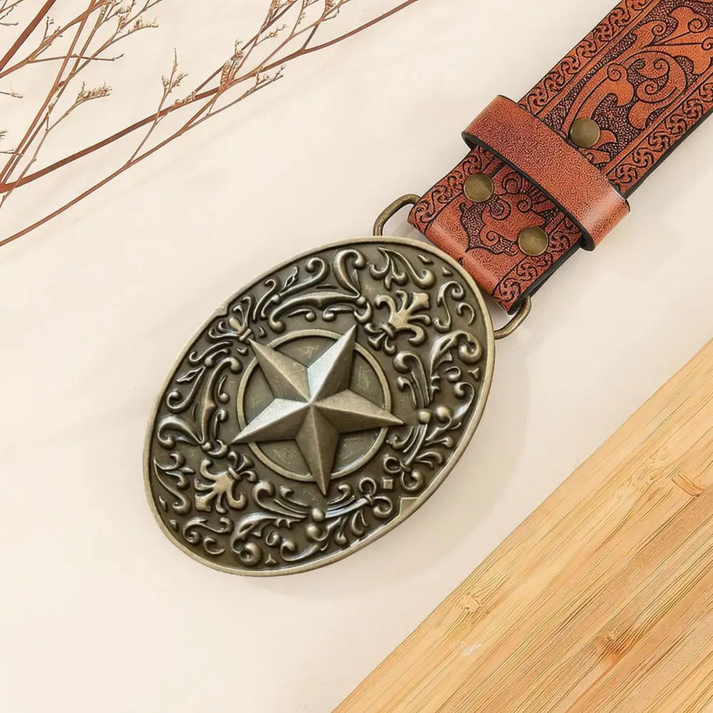 Vintage Embossed Waistband Western Cowboy Style Metal Star Buckle Belt Unisex Retro Leather Feel Strap For Gehang Daily Wear