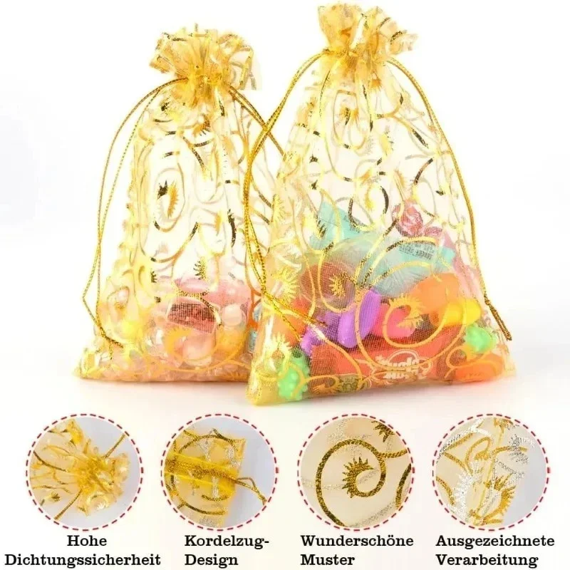 Gold Color Organza Drawstring Bag Jewelry Xmas Gifts Pouches Wedding Party Candy High-end Storage Bag Jewelry Packing Wholesale