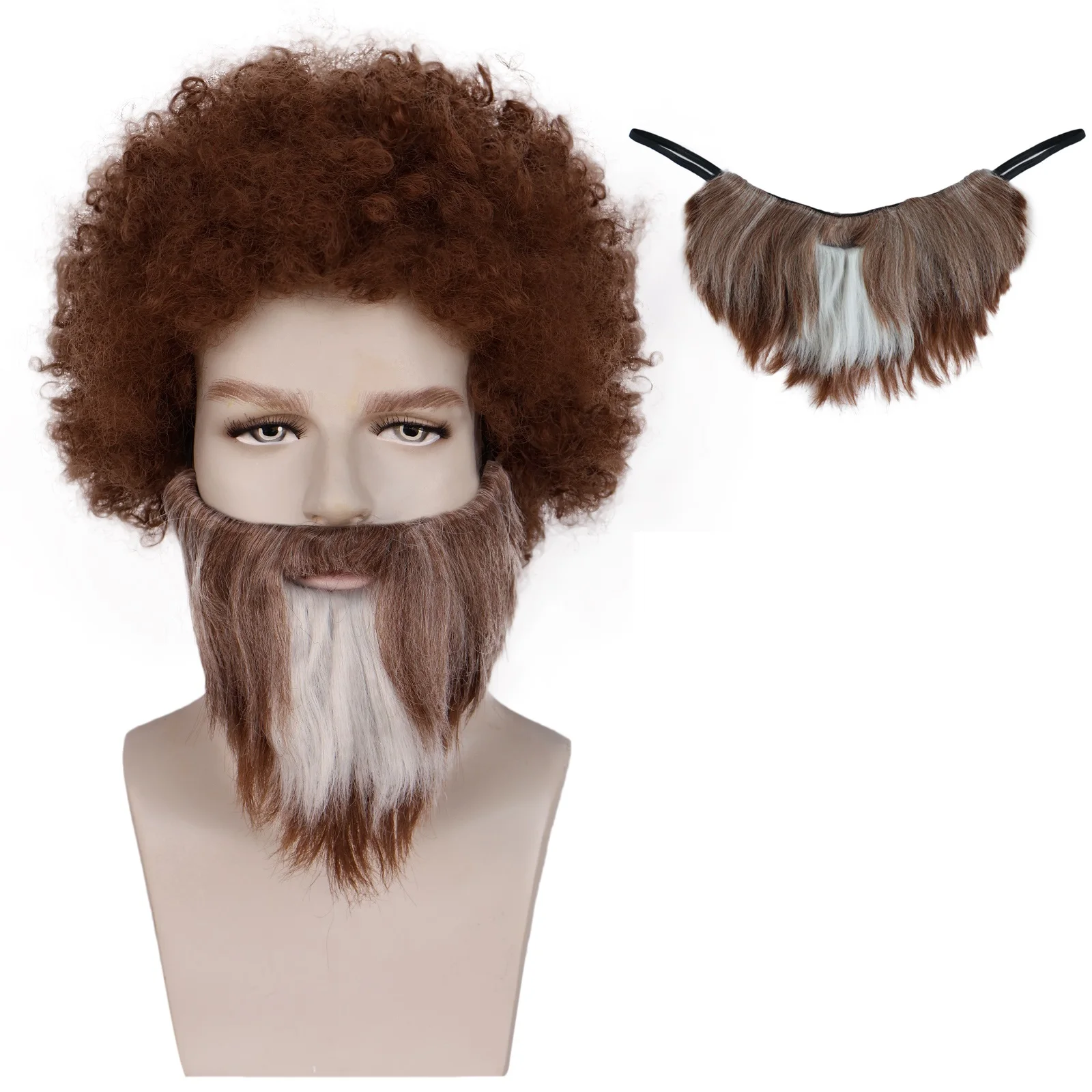 

Коричневый кудрявый афро-парик с накладной бородой, синтетический парик для косплея для мужчин, аксессуар для костюма на Хэллоуин