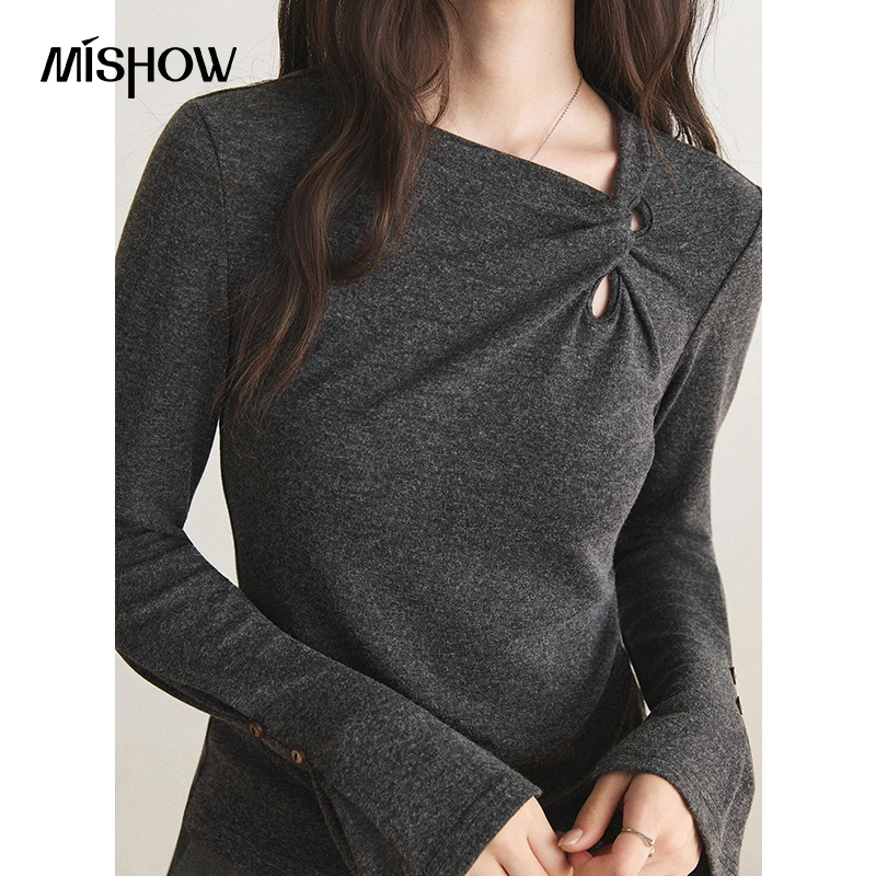 MISHOW Women's Long Sleeve Tops 2026 Fall Twist Slim Fit Split Flare Sleeve Daily T-shirt Versatile Layering Clothes MXF47T3323