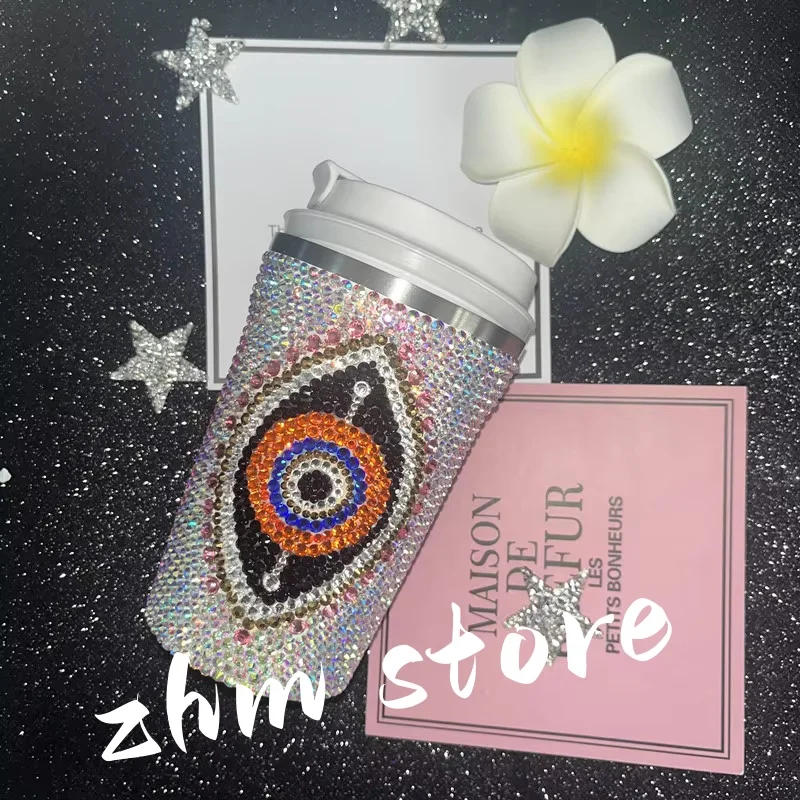 380ml Handmade Bling Mug Orange Eye Rhinestone Evil Eye Tumbler,Stainless Steel Thermos Bottle Coffee Cup
