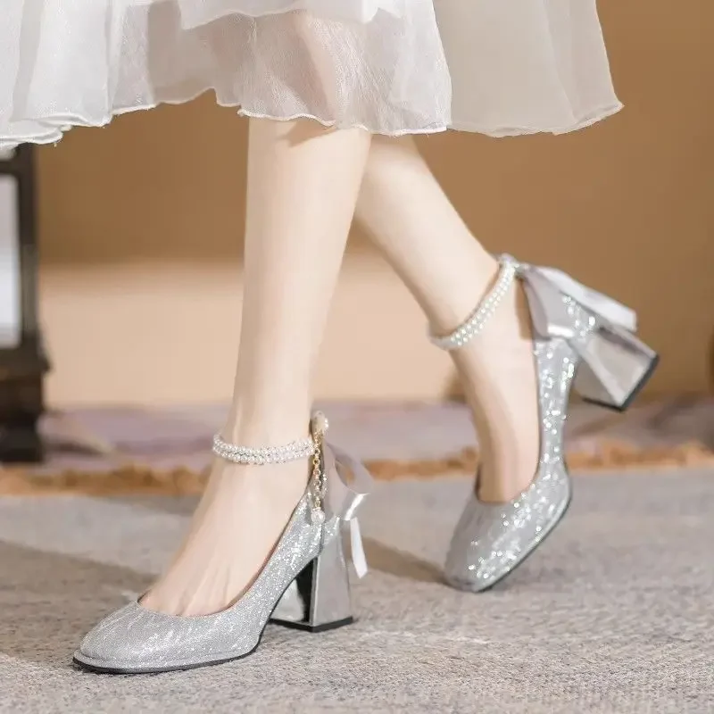 

Silver Wedding Bridesmaid Shoes 2025 Autumn New French Style Square Toe Mary Jane Pearl High Heels for Women
