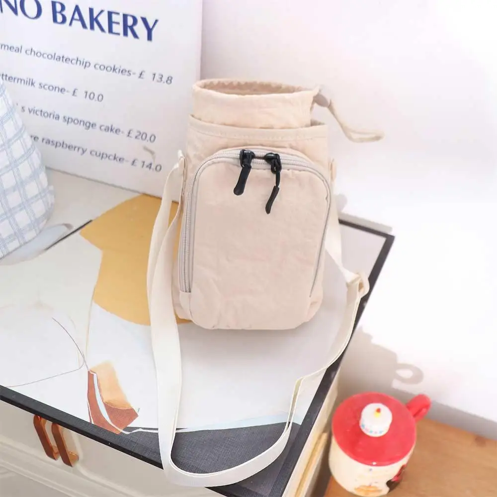 Canvas-Schultertasche für Wasserflaschen, einfarbig, mit Kordelzug, Umhängetasche für Mobiltelefone, im koreanischen Stil, minimalistische Tasche für Wasserflaschen. – Detail 7