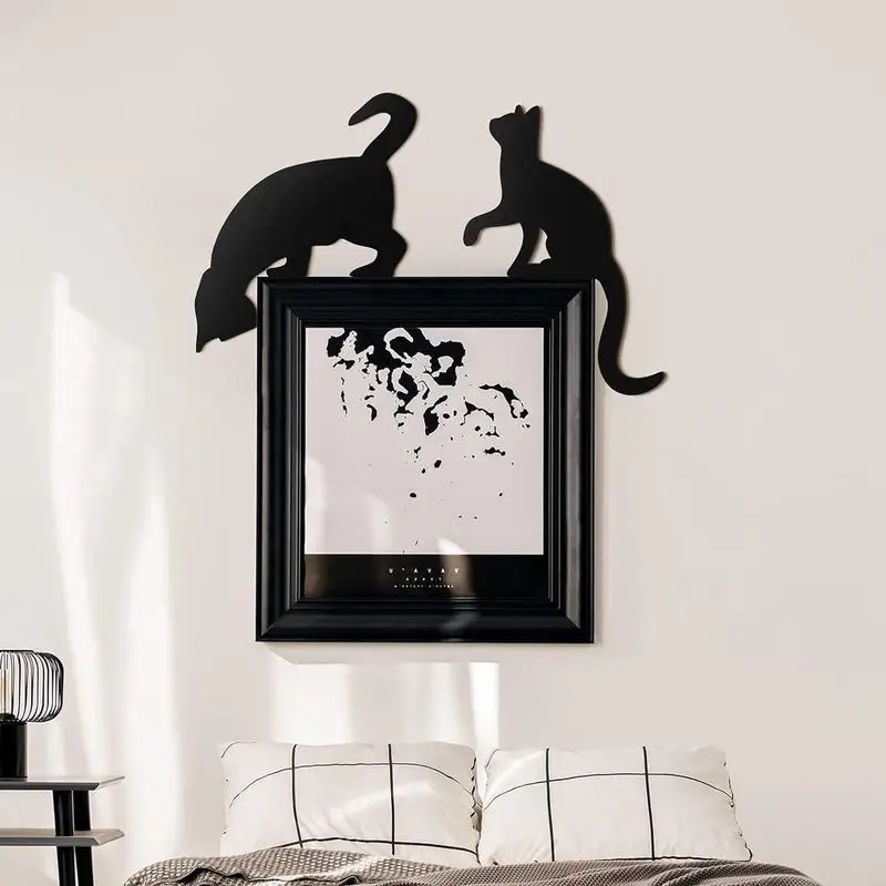 Décor d'Angle de Porte en Bois Noir en Forme de Chat, Décoration Murale Mignonne pour la Maison, 3 Pièces