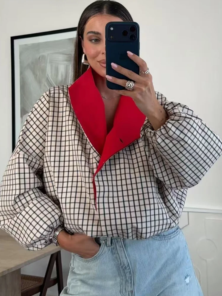 TFMLN Fashion Women's Contrast Plaid Jacket Stand Collar Single Breasted Loose Fit Long Sleeve Pocket Coat Chic Autumn New