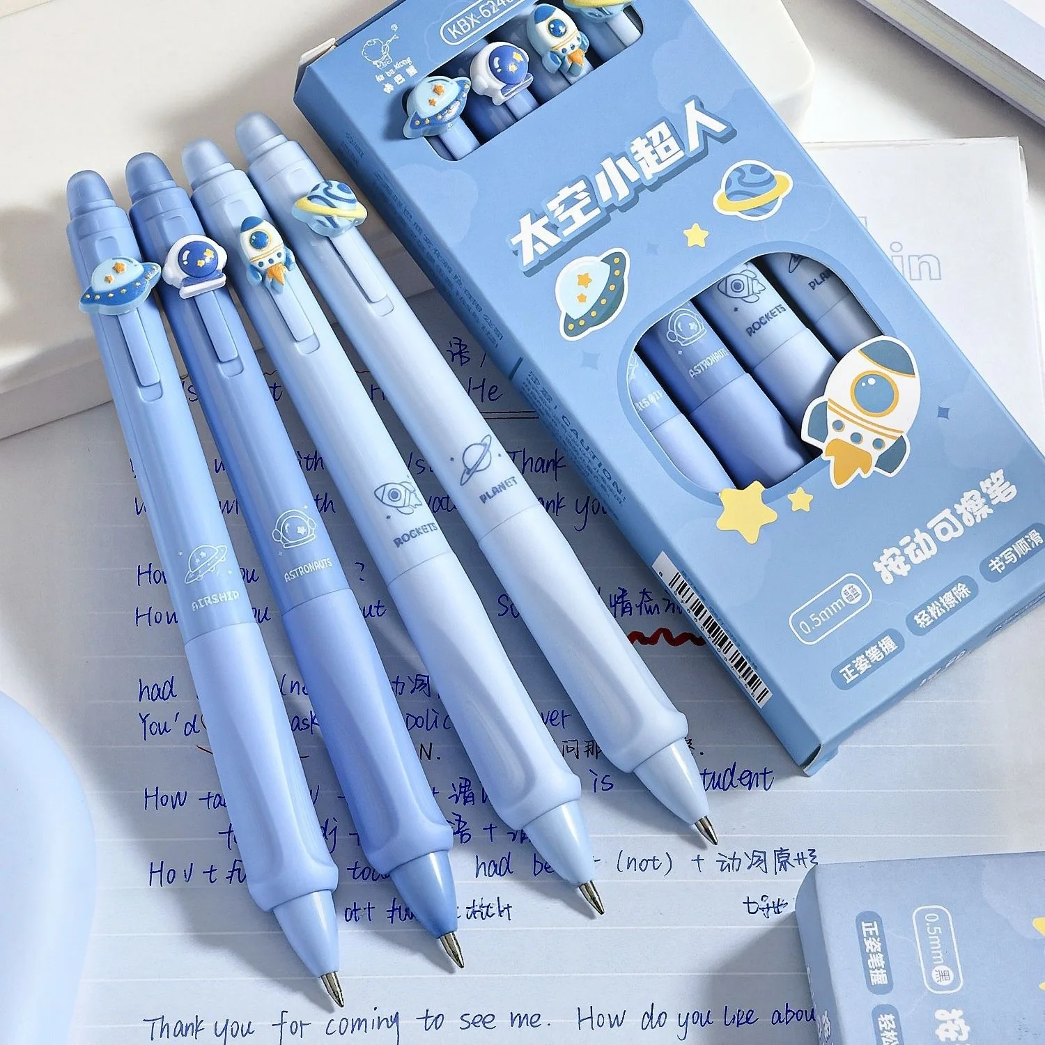 Friction Erasable Gel Pen with Ergonomic Grip Cartoon Style for Kids Crystal Blue and Black Click Pen