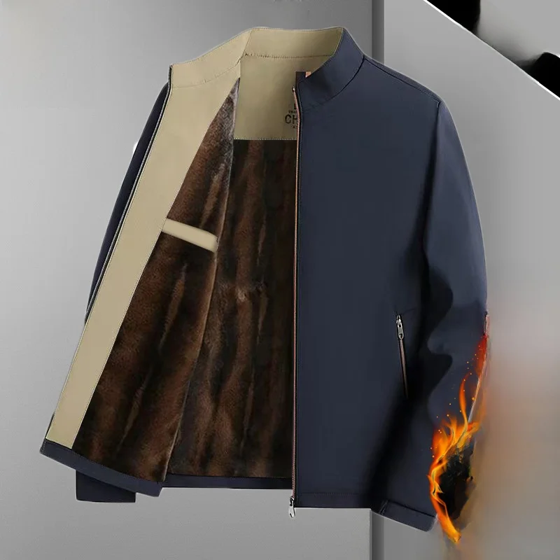 

Thiened Fce Lined Stand Collar Jaet Casual Winter Busin Sle for Middle-Aged And ly Men Dad Adstrative Coat