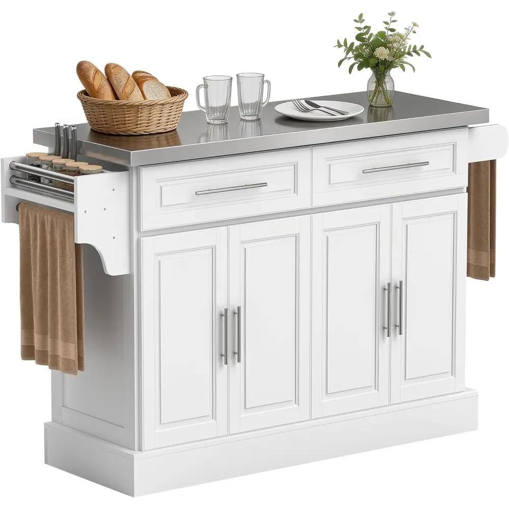 

47 Stainless Steel Top Rolling Kitchen Island Cart with Adjustable Shelves, 2 Drawers, Spice Rack, Knife & Towel Holder, White