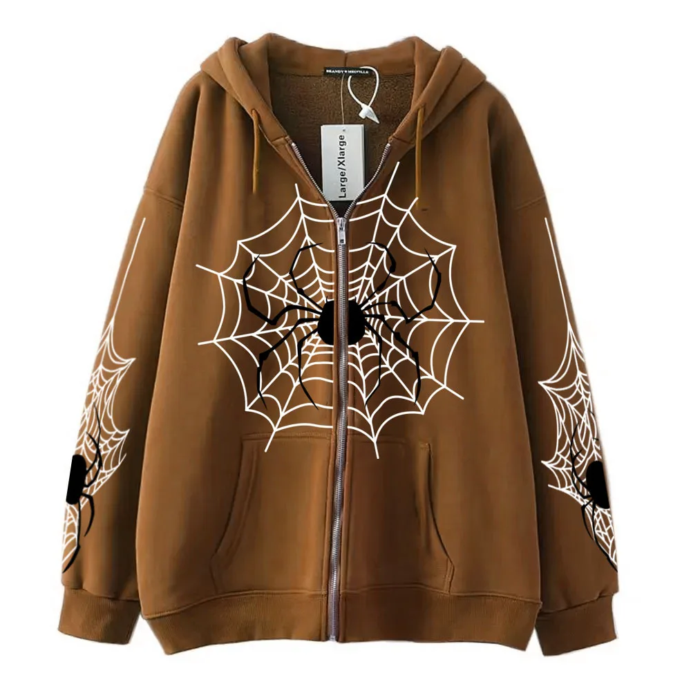 Spider Cobweb Zipper Hoodies Retro Gothic Hip Hop Streetwear Hoodie Women Men Fashion Oversized Sweatshirt Couples Jacket Coat