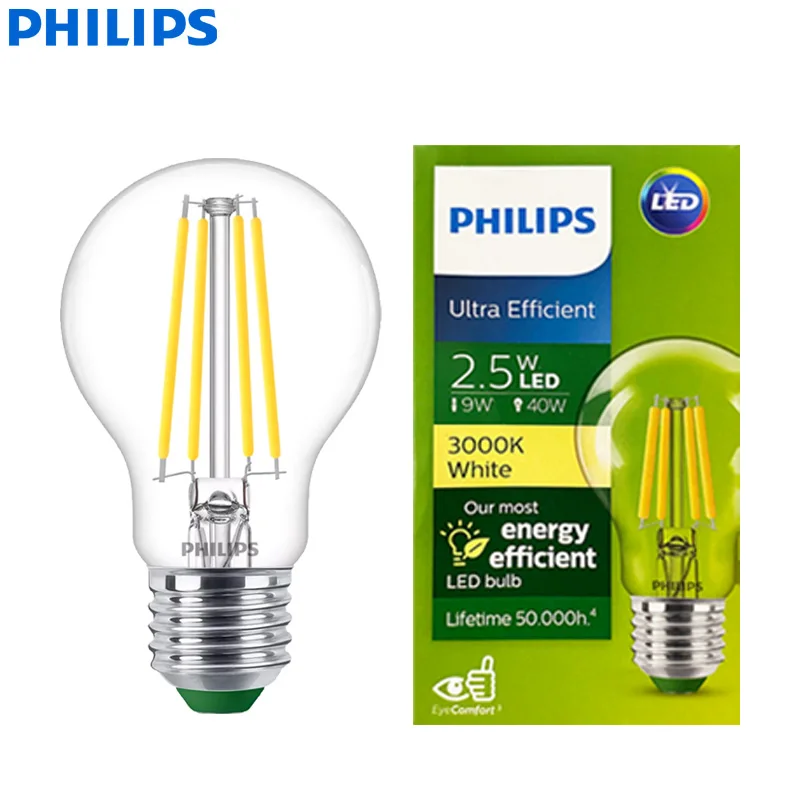 PHILIPS Ultra Efficient LED Filament Bulb Clear A60 E27 3000K Edison Screw 2.5W Lamp Classic Glass LED White Color Energy Saving