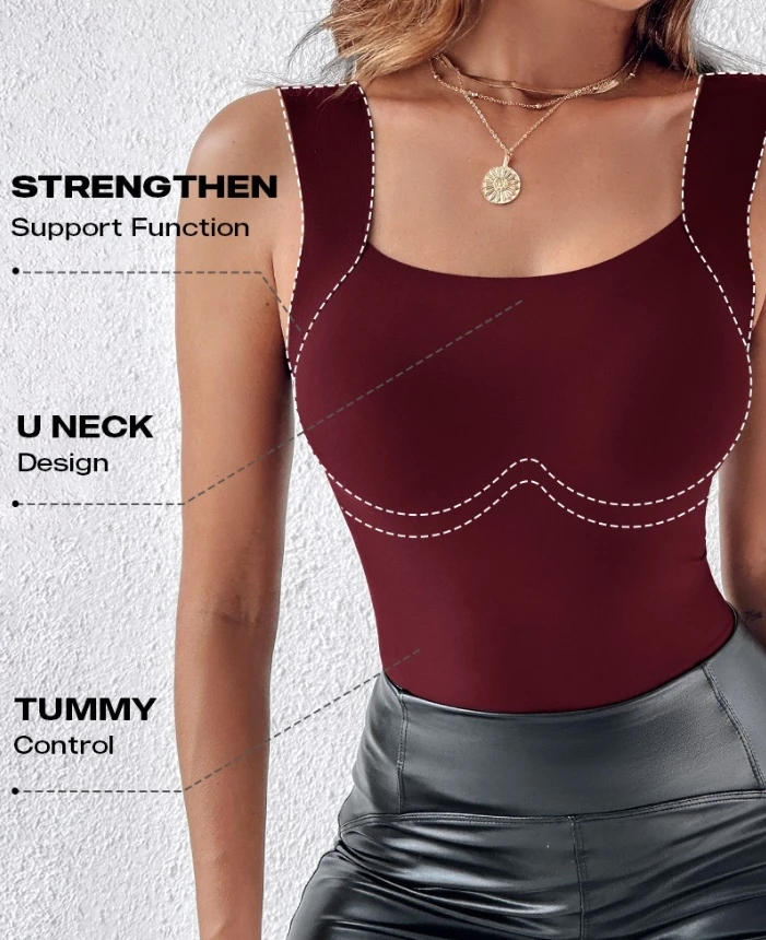 Women Tops Solid Color Casual U Neck Shapewear Built-in Bra Tank High Strechy Thick Strap Sleeveless Slim Fit Camisole Top