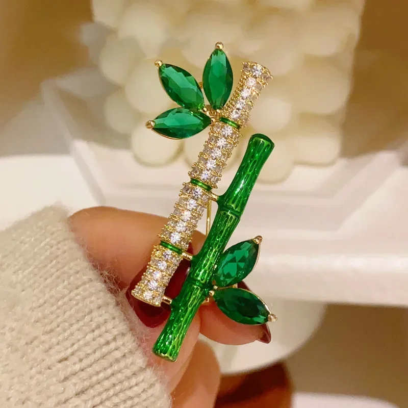 Broche de imitação de bambu para mulheres, planta verde, elegante, retro, colarinho de terno, acessórios de vestido