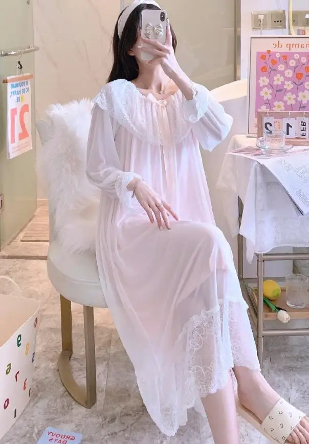 Women's Sweet Lace Long Sleeve Nightdress Loose Princess Style Gauze Nightgown Home Wear Spring Summer Palace Theme 4