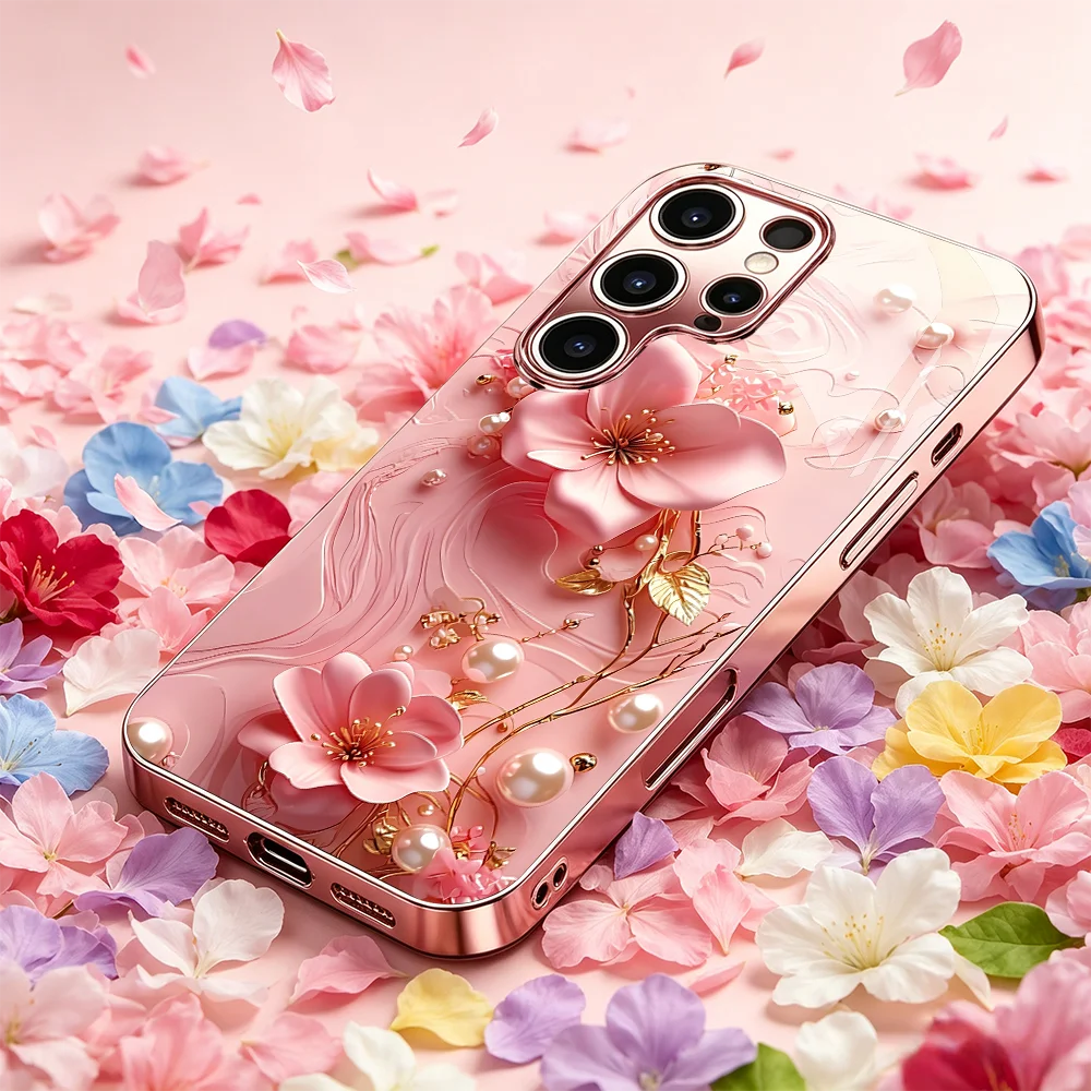 Golden leaf powder flower Tempered Glass TPU Fashion phone case for Samsung Galaxy S26/S25/S24/S23/S22 FE Ultra Plus Shockproof