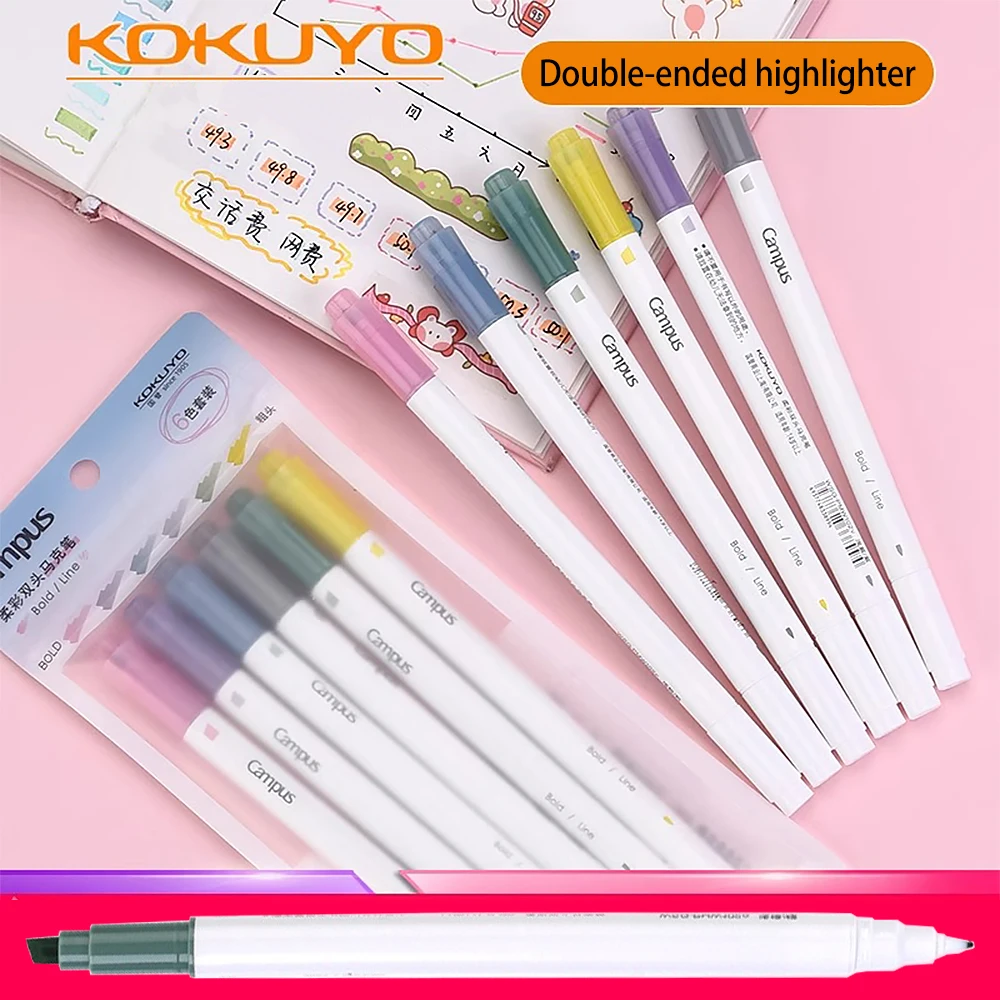 

6Colors/set New Japan KOKUYO Double-ended Highlighter Soft Color Water-based Marker Pen Kawaii Stationery School Supplies