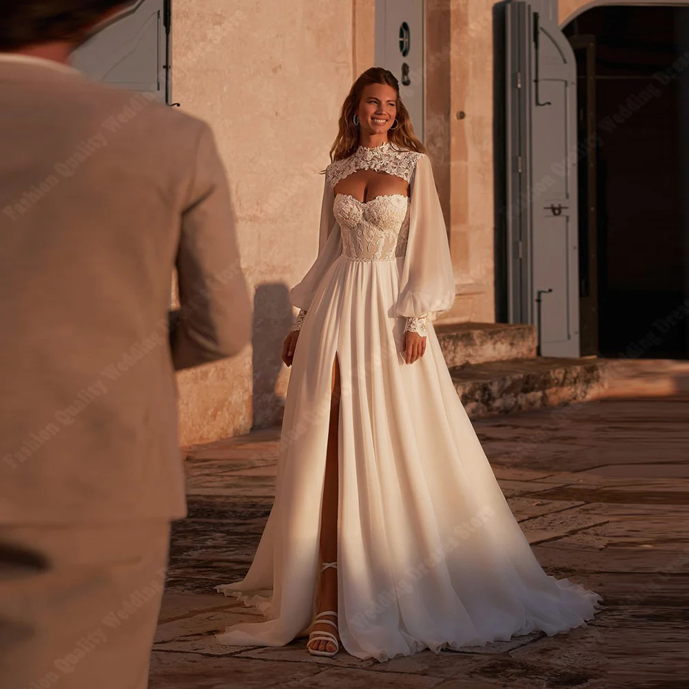 

Elegant A-Line Chiffon Wedding Dress Long Sleeves Applique Split Sweetheart Bride Gown Backless Vestido De Novia Customized 2026
