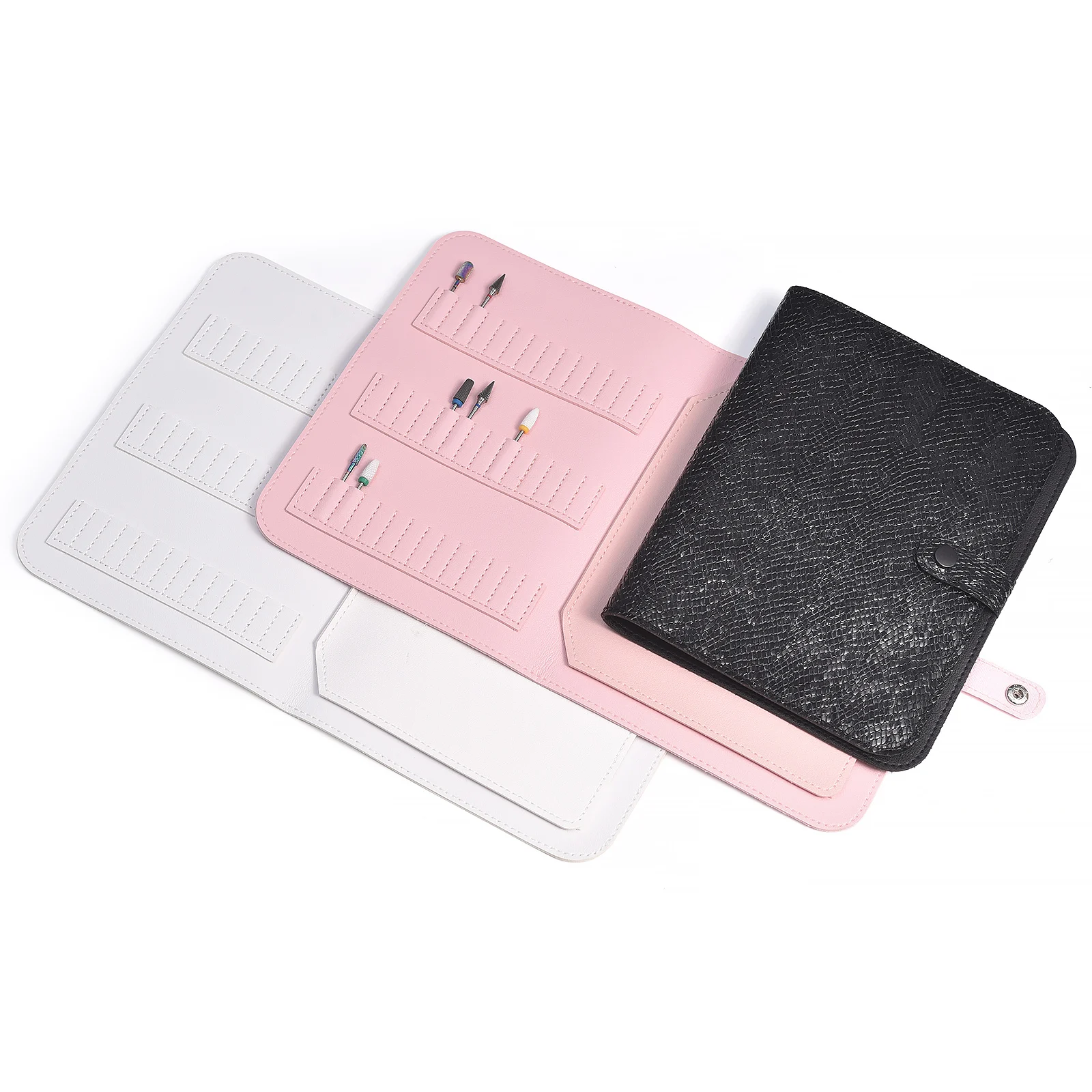 Bolsa organizadora de brocas de 84 buracos, estampa de cobra, preto, branco, couro pu, portátil, acessório de manicure, faça você mesmo, armazenamento de ferramentas de arte de unhas