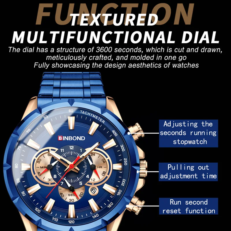 BINBOND العلامة التجارية الجديدة رجال الأعمال كوارتز ساعة موضة الفولاذ المقاوم للصدأ مقاوم للماء الرياضة عادية متعددة الوظائف الفاخرة رجل الساعات