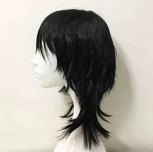 Emo Pruik Unisex Zwart Mullet Stijl Pruik Gelaagde Pony Pruik Middellange Rechte Cosplay Anime Pruik