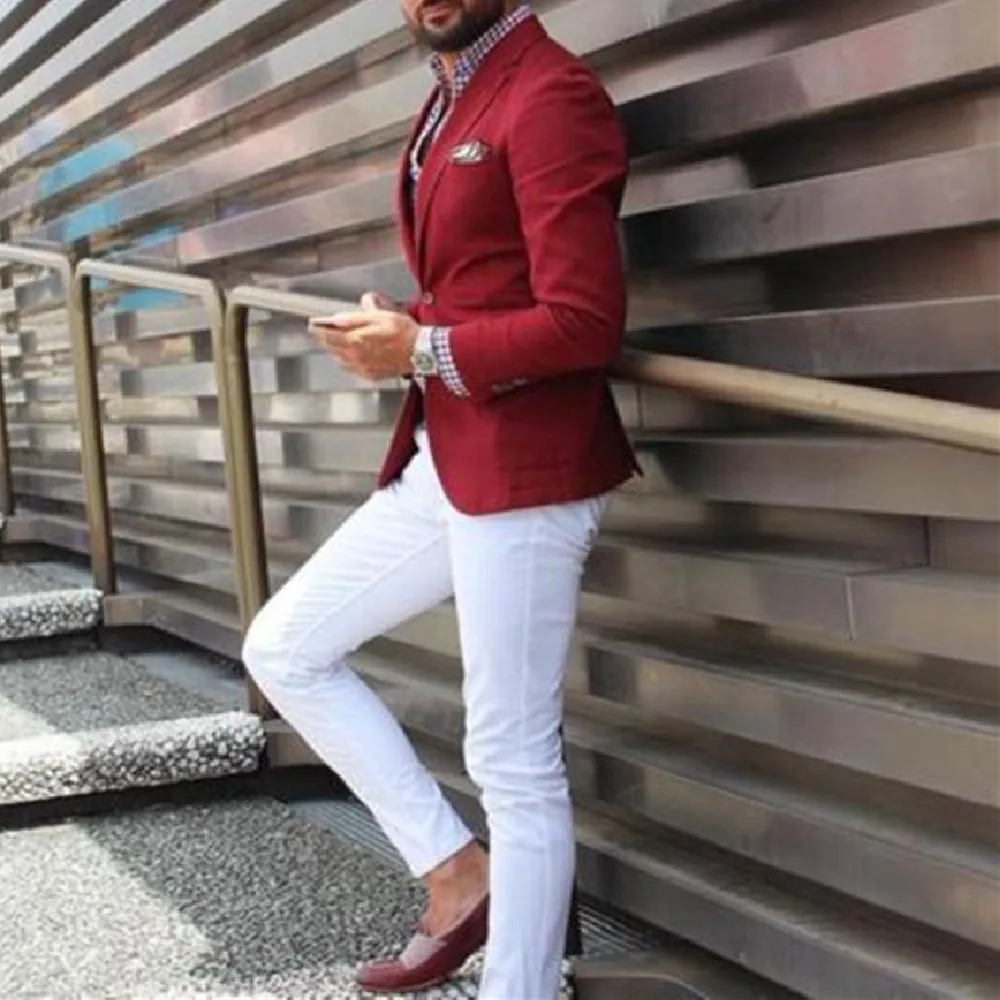 2023 New Men Casual Red Suits With White Pants Groom Wedding Party Tuxedo Custom Custom Suit Prom Male Set 2Pcs Tuxedo Blazer