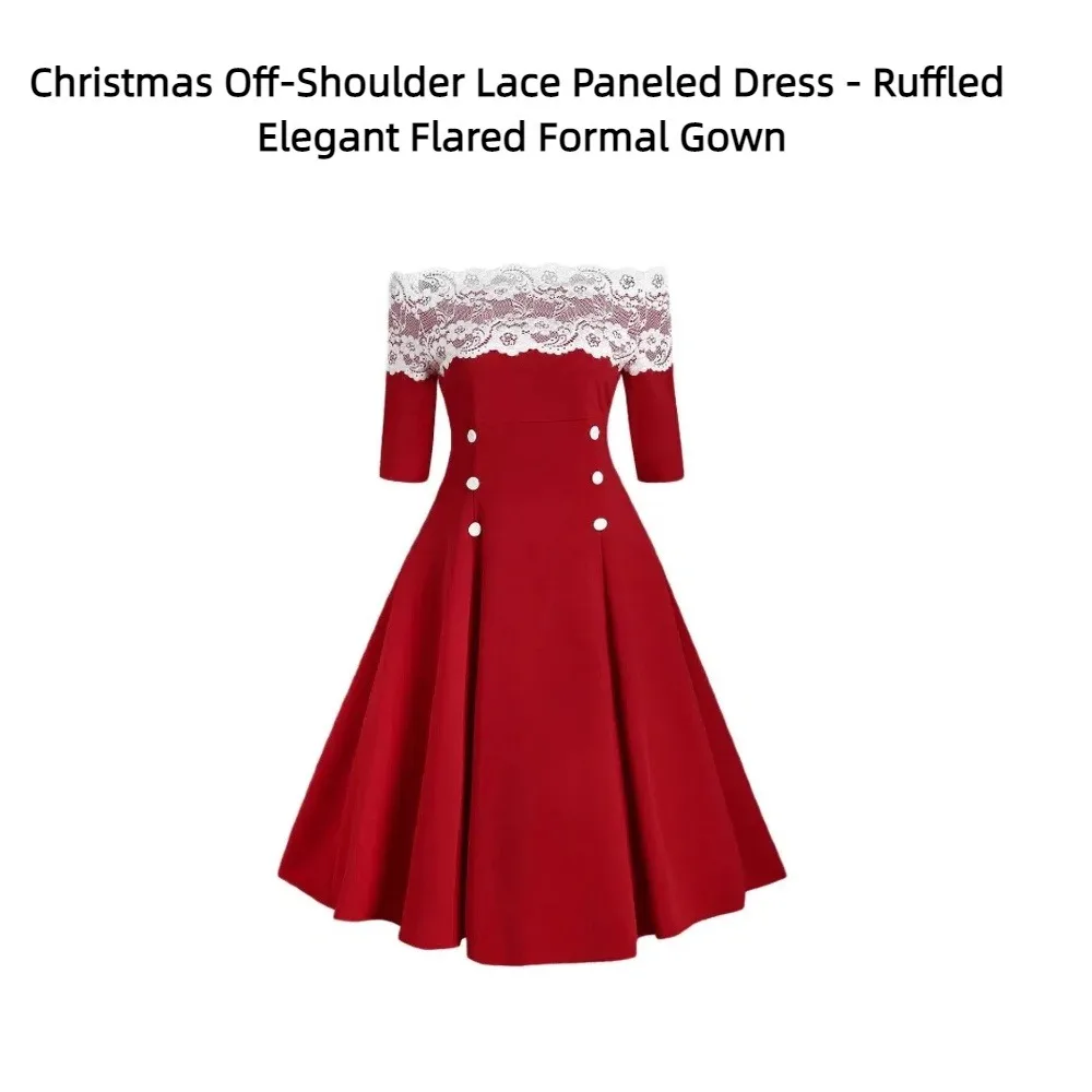 

Новое осенне-зимнее рождественское кружевное платье с открытыми плечами и вставками - элегантное расклешенное вечернее платье с рюшами для рождественских вечеринок