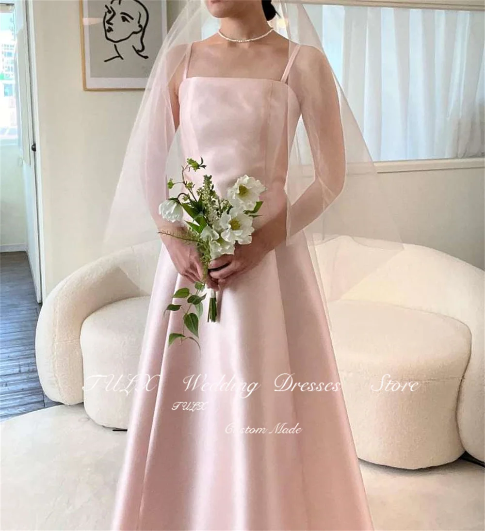 TULX Korea Women Fairy Pink Spaghetti Strap Wedding Dress Satin A-line Long Bridal Gown Corset Back 2025 Plus Custom Made 웨딩드레스